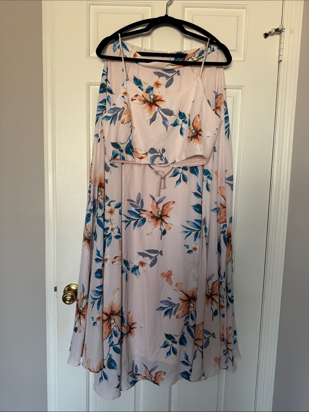Lulu's Blush Pink Floral Midi Dress with Blue and Tan Blooms
